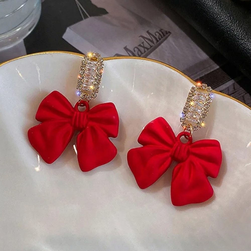 Cz Lab created diamond earrings w/ cute red bow Holiday Earrings